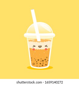 Vector Bubble Tea. Banana mango flavor Bubble Tea with eyes and happiness face on yellow background. Tapioca milk tea. Pearl milk tea, Kawaii Character Boba for wallpaper, cover, banner, poster, ads.