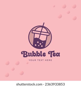 Vector Bubble Tea Cold Drink Logo Design Template On Pink Background in Geometric Circle Shape. Bubble Dots Pattern. Plastic Cup Symbol for Branding, Sticker, Stamp, Banner, Menu, Business Card, Web.