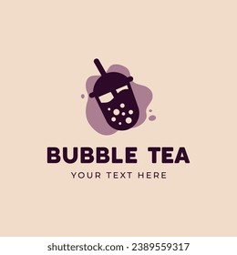 Vector bubble tea cold drink logo design template on violet background. Boba milk tea. Plastic cup symbol for branding identity, sticker, stamp, banner, menu, business card, web.