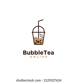 vector bubble tea with cursor logo flat line icon, online bubble tea logo creative