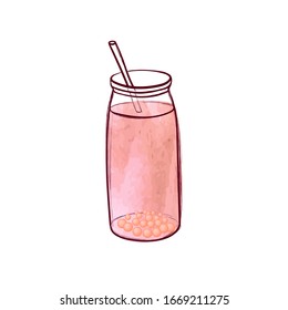 Vector bubble tea hand drawn illustrattion isolated on white background, light red and pink colors.