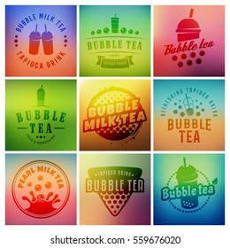 Vector bubble tea logos. Set of pearl tea labels on blurred colorful backgrounds. Popular asian drink badges