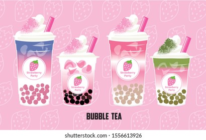 Vector Bubble Tea, many type of tapioca strawberry milk tea, Pearl milk tea, black pearls is Taiwanese famous and popular drink. 