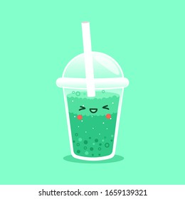 Vector Bubble Tea, tapioca pearl, green tea flavor Bubble Tea with eyes and happy face on green background. Kawaii Character Boba for wallpaper, cover, banner, poster, sticker, advertising, logo