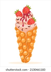 Vector bubble waffle. Hong Kong wafer or egg waffle with sweet ripe raspberries, vanilla cream and chocolate. Gourmet dessert food, delicious restaurant meal, snack.