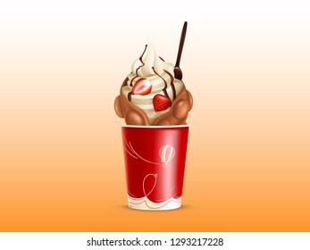 Vector bubble waffle with strawberries in handy plastic cup. Disposable container with delicious chocolate product, whipped cream or sundae. Food in realistic style. Belgian bakery, Hong Kong dessert.