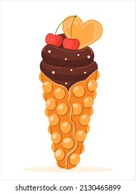 
Vector bubble waffles. Hong Kong waffle or egg waffle with sweet ripe cherries, chocolate cream. Gourmet dessert food, delicious restaurant food, snacks.