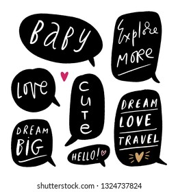 Vector bubbles with cute text, message symbols, direct speech and elements for design, templates. Isolated