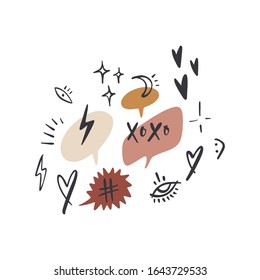 Vector bubbles with text, message symbols, icons, speech and elements for design. Clipart set