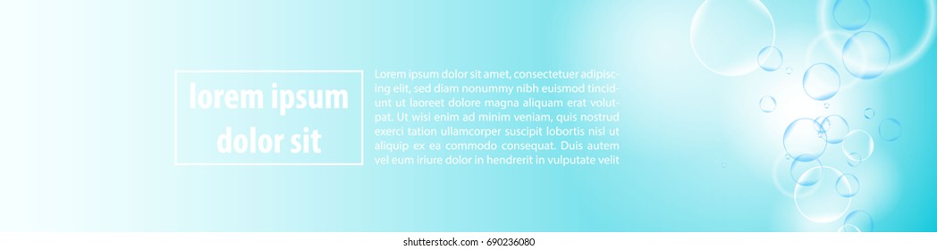 Vector bubbles in the water. Horizontal banner with bubbles and space for text. Realistic backdrop. Nature background.