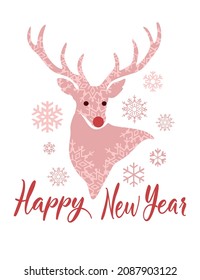Vector buck deer stag reindeer head silhouette drawing illustration with antlers,red nose.Snowflakes pattern background texture.Happy New Year calligraphy.Merry Christmas lettering.Cricut.Plotter Cut 
