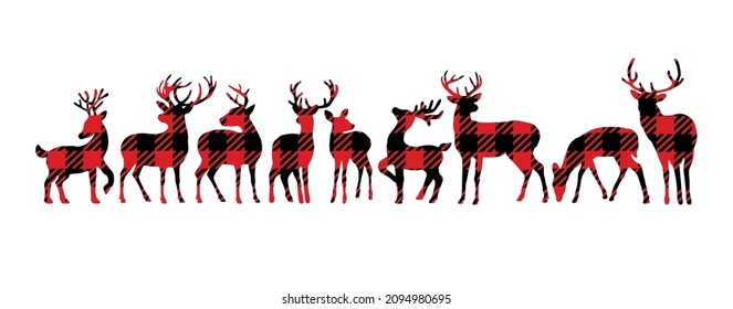 Vector buck deer stag reindeer border silhouette stencil design.Sticker.T shirt print.Buffalo Black Red Gingham Lumberjack Quilt Tartan Checkered Plaid Pattern background texture. DIY. Christmas decor