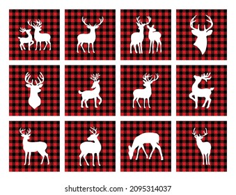 Vector Buck Deer Stag Reindeer Silhouette Stencil Big Design Set.T Shirt Print.Buffalo Black Red Gingham Lumberjack Quilt Tartan Checkered Plaid Pattern Background Texture.New Year Christmas Decor.DIY