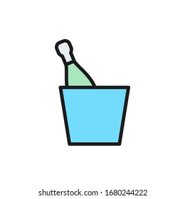 Vector bucket with bottle flat color line icon.