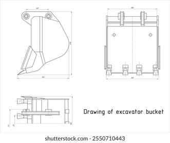 Cubo de Vector de la máquina de movimiento de tierras. 
Dibujo técnico de la pieza del tractor.
Diseño mecánico de ingeniería de la herramienta de excavadora
con líneas de cota. Industrial 
Esquema de tarjeta en hoja de papel. 
