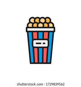 Vector bucket of popcorn, takeaway flat color line icon.