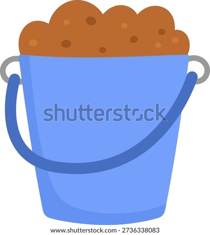 Vector bucket with soil. Blue pot with ground illustration. Garden tool clipart. Gardening or construction work concept. Flat gardener equipment illustration isolated on white background
