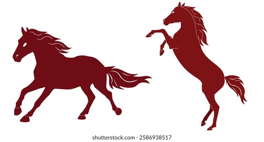 Vector bucking and prancing red horse silhouette set. New year animal symbol. Chinese zodiac horse symbol. Horse character