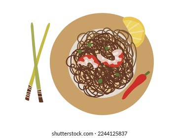 Vector buckwheat wok noodles with shrimp recipe. asian chinese, japanese street food.