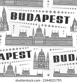 Vektor Budapest Seamless Muster, quadratischer mehrfarbiger Hintergrund mit Illustration des berühmten Budapester Stadtbildes auf weißem Hintergrund, einfarbiges Linien-Kunst-Stadtplakat mit schwarzem Text Budapest