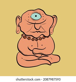 Vector Buddha in cartoon style. Buddha Character Teaching. Hand drawn. Artwork. Concept of meditation. Vector illustration.