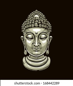 Vector buddha head isolated on dark. Grunge style buddha illustration. Vector EPS 10 illustration. 