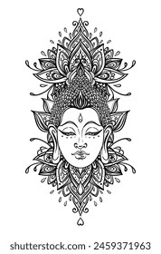 Vector Buddha head with ornamental floral, ethnic art, patterned Indian paisley. Hand drawn illustration. Invitation element. Tattoo, astrology, alchemy, boho and magic symbol. 