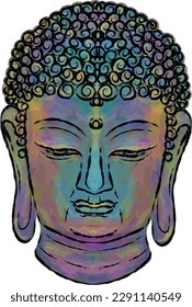 vector buddha head, torn outline. Colored brush strokes, multicolor