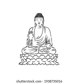 Vector Buddha in line hand drawn sketch style on white background