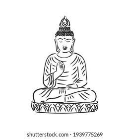 Vector Buddha in line hand drawn sketch style on white background