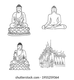 Vector Buddha in line hand drawn sketch style on white background