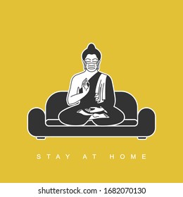 Vector Buddha in mask is meditating and self-insolating at home during quarantine coronavirus.  Agitational poster with slogan stay at home,  isolated on yellow background.  