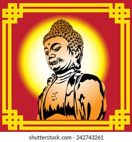 Vector buddha on a red background with a frame.