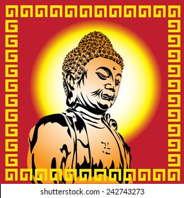 Vector buddha on a red background with a frame.