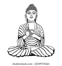 Vector Buddha stone statue hand drawn line art illustration. Meditation element for yoga and buddhism black and white designs