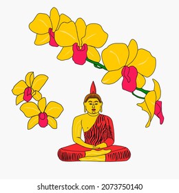 Icono de Budismo vector meditando a Buda. Buda de oro sentado en un fondo de orquídeas. Illus