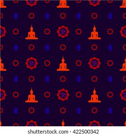 Vector Buddhist symbols in seamless pattern. Illustration with flat lay oriental templates. Abstract colorful background with sitting Buddha Lotus flower Hand and OM sign. Blue and Orange background