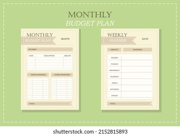 Vector budget planner page templates for printing in beige tones. Daily, weekly, monthly, budget planners.