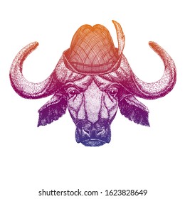 Vector Buffalo, bull, ox. Bavarian traditional hat. Tirol austrian hat. Beer Oktoberfest character portrait.