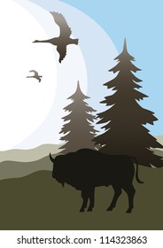 Vector buffalo, wild geese flying, two fir against the hills and sky.