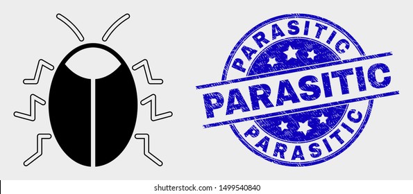 Vector bug icon and Parasitic seal. Red rounded distress seal with Parasitic caption. Vector combination in flat style. Black isolated bug icon.
