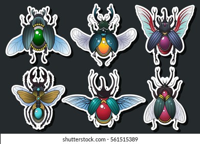 Vector Bugs Set Gems Beetles Stickers Collection