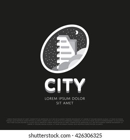 Vector build Logo. Night and Moon Skyscraper Sign. Building.