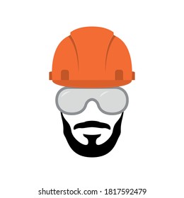 Vector builder emblem. Industry, service or repairman icon. Portrait of bearded worker in helmet and protective mask.