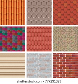 Vector building background wall texture architecture brickwall or stonewall with textured roofing tile and brickwork to build bricklaying and tiling roof backdrop or abstract pattern illustration set