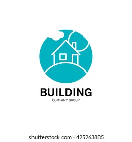 Vector building company group logo isolated on white background. Flat simple insignia silhouette. Art logo for building company, store building materials, developer firm, card, icon, banner, flyer.