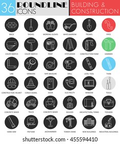 Vector building and construction circle white black icon set. Modern line black icon design for web