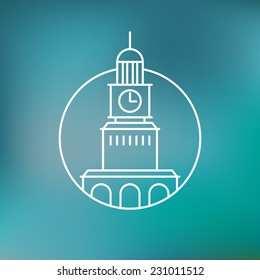 Vector building emblem in outline style on blue background