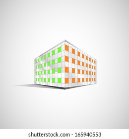 Vector building with green and orange windows.
