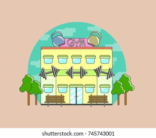 Vector building of a gym with trees and benches